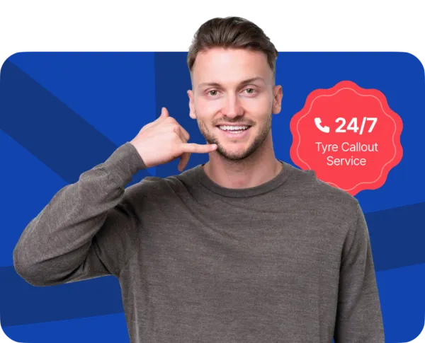 Man making a phone gesture beside a 24/7 tyre callout service graphic.