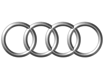 Audi silver four interlocking rings logo on a transparent background.