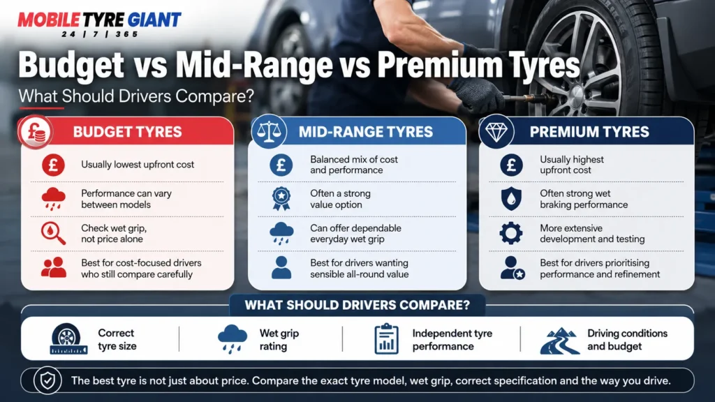 Mobile Tyre Giant infographic comparing budget, mid-range and premium tyres by cost, wet grip, performance, value and suitability, with a blurred tyre-fitting background.