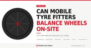 Mobile tyre fitting wheel balancing on-site, showing digital balancing, steering vibration checks, balance weights and new tyre fitting by Mobile Tyre Giant.
