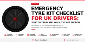 Emergency tyre kit checklist for UK drivers showing essential items including a tyre inflator, sealant repair kit, spare wheel, jack, wheel brace, locking wheel nut key, torch, gloves and hi-vis vest.