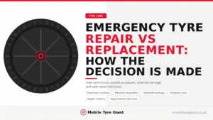 Emergency tyre repair vs replacement guide showing puncture location, internal tyre inspection, sidewall damage, pressure loss, repair criteria and replacement decisions.