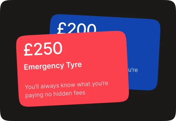 Emergency tyre service pricing graphic showing £250 and £200 callout options with no hidden fees.