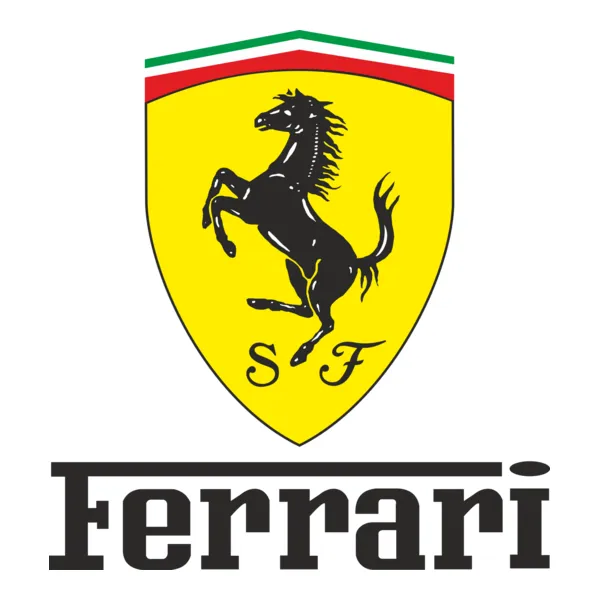 Ferrari yellow shield logo with the black prancing horse and Ferrari wordmark below.