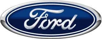 Ford blue oval logo with white script lettering and a silver border.
