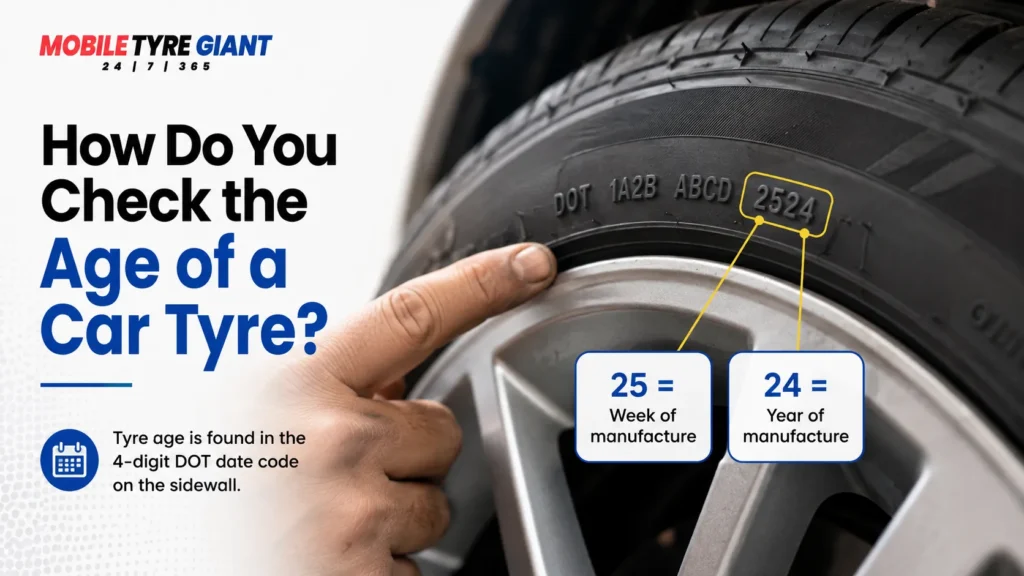 Close-up of a car tyre sidewall showing the four-digit date code 2524, with a hand pointing to it and labels explaining that 25 is the week of manufacture and 24 is the year of manufacture, alongside the Mobile Tyre Giant logo and the heading “How Do You Check the Age of a Car Tyre?