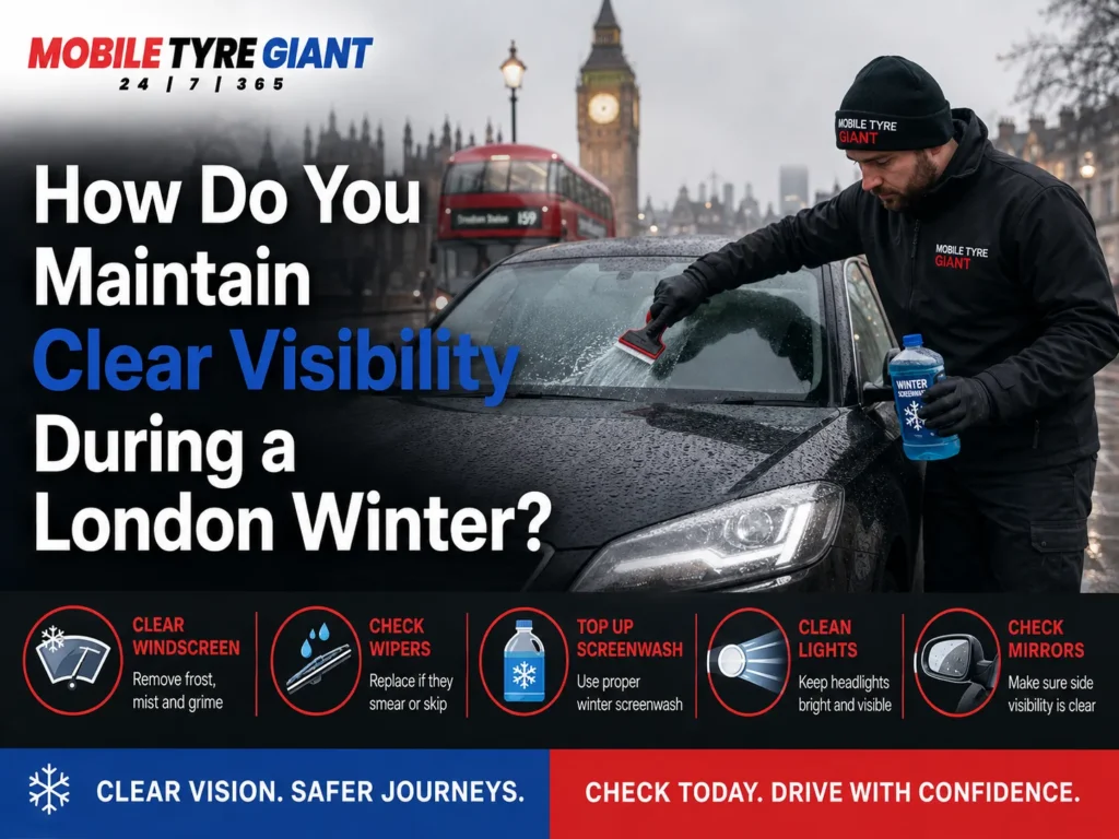 Mobile Tyre Giant technician clearing a car windscreen and checking wipers, screenwash, lights and mirrors during a London winter.