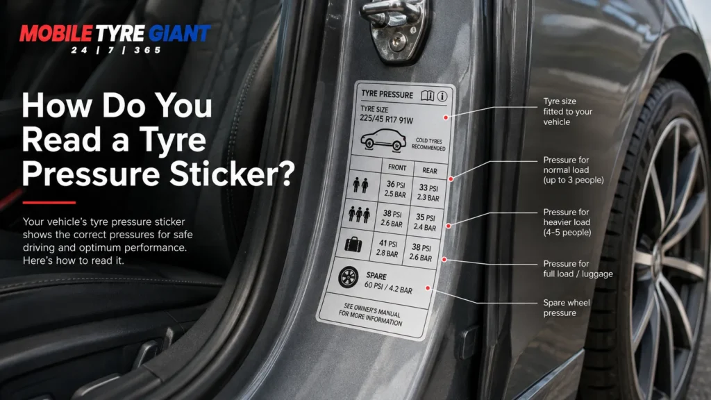 Tyre pressure sticker on a car door pillar showing front and rear PSI, load settings, tyre size and pressure units.