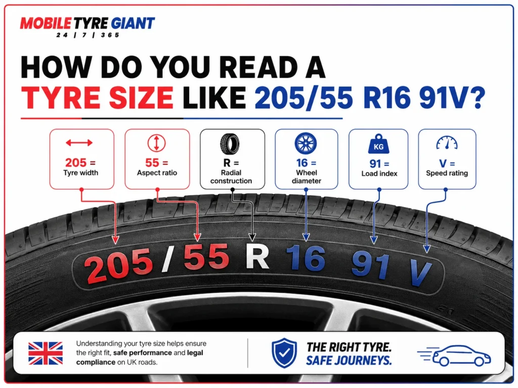 Infographic explaining how to read tyre size 205/55 R16 91V, including tyre width, aspect ratio, wheel diameter, load index and speed rating.
