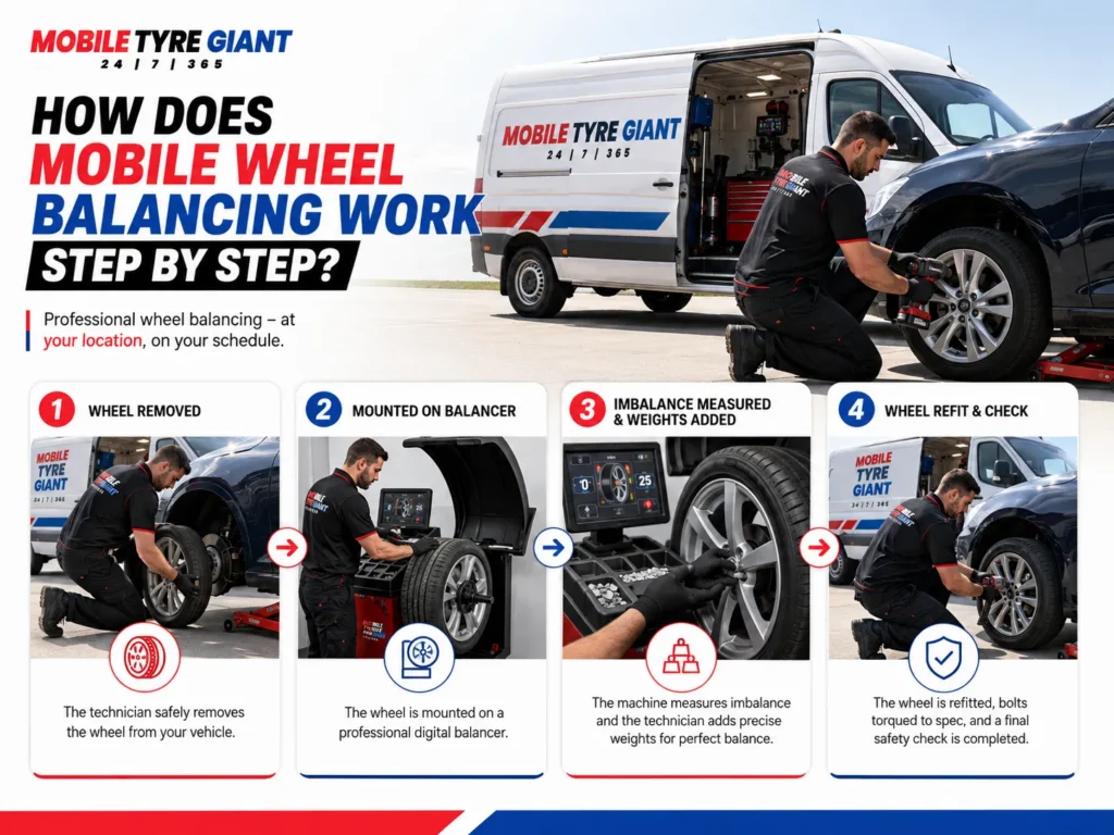Infographic showing how mobile wheel balancing works step by step, with a Mobile Tyre Giant technician removing a wheel, mounting it on a digital balancer, adding weights and refitting it beside a branded service van.