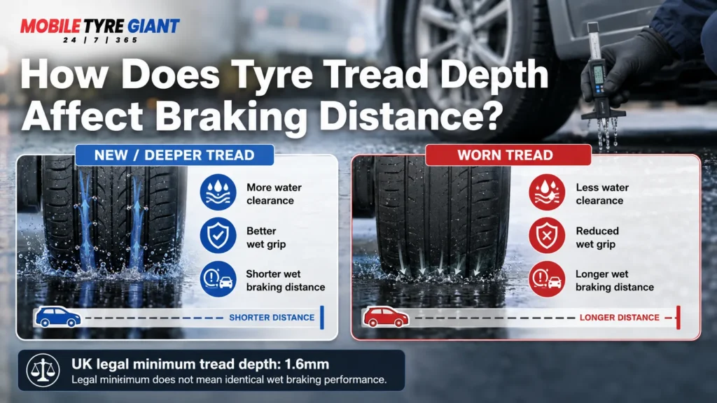Mobile Tyre Giant infographic comparing new and worn tyre tread, showing better water clearance and shorter wet braking distance with deeper tread versus reduced grip and longer braking distance with worn tread.
