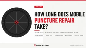 Mobile puncture repair time guide showing a typical 20–40 minute repair window, technician arrival, tyre inspection, repairability and pressure checks.