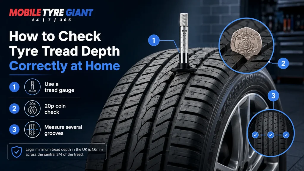 How to check tyre tread depth at home using a tread depth gauge, 20p coin test, and multiple groove measurements, with the UK 1.6mm legal minimum highlighted.