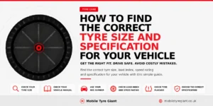 Infographic explaining how to find the correct tyre size and specification for your vehicle, including tyre size, vehicle manual, registration number, load index, speed rating and tyre placard.