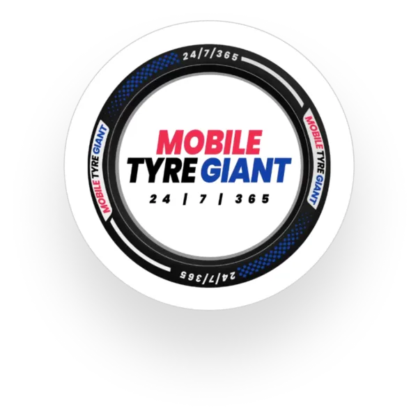 Mobile Tyre Giant 24/7/365 circular website icon logo in red, blue, black and white.
