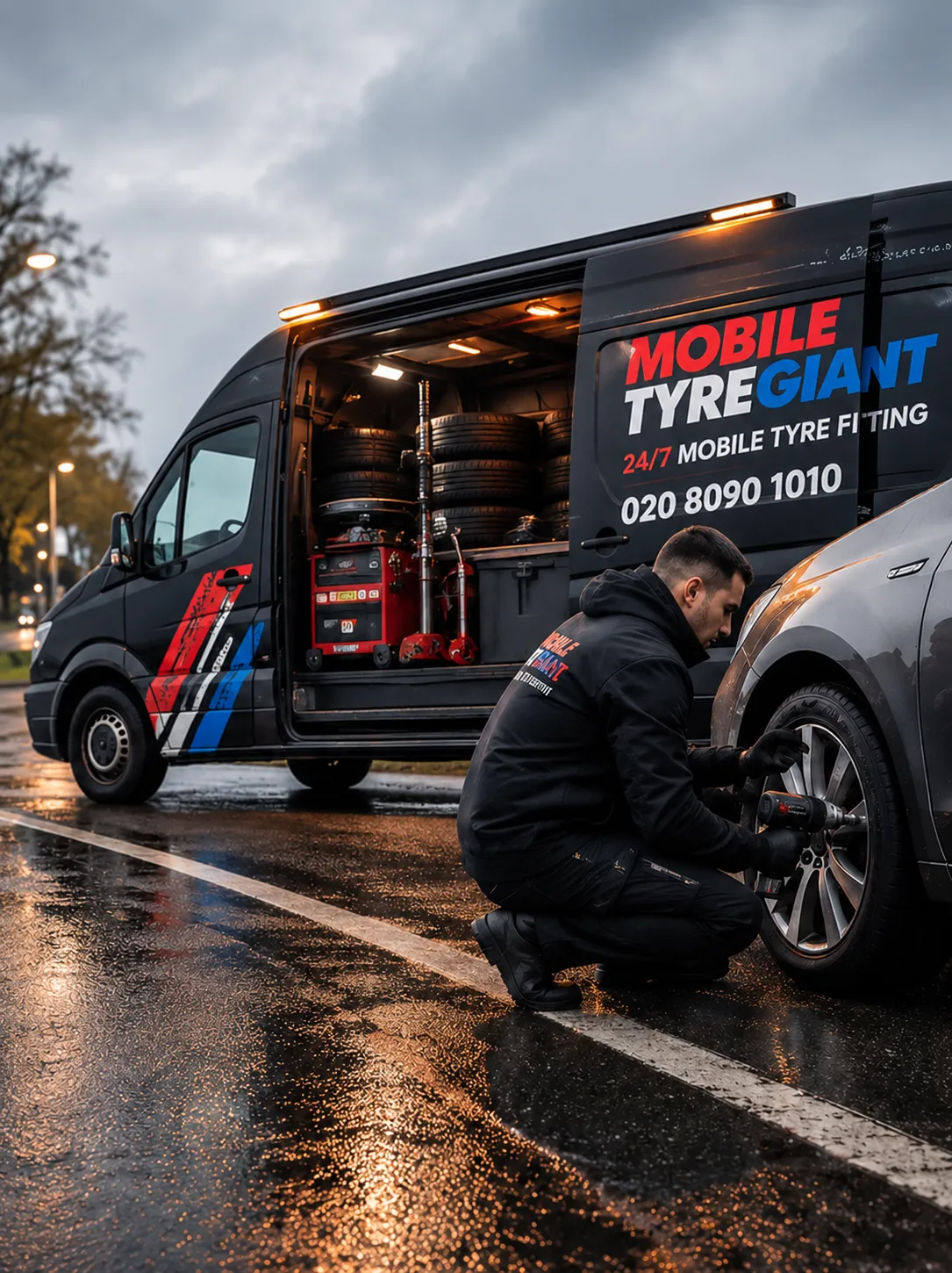 Mobile tyre fitting technician holding a tyre beside a branded 24/7 mobile tyre service van.