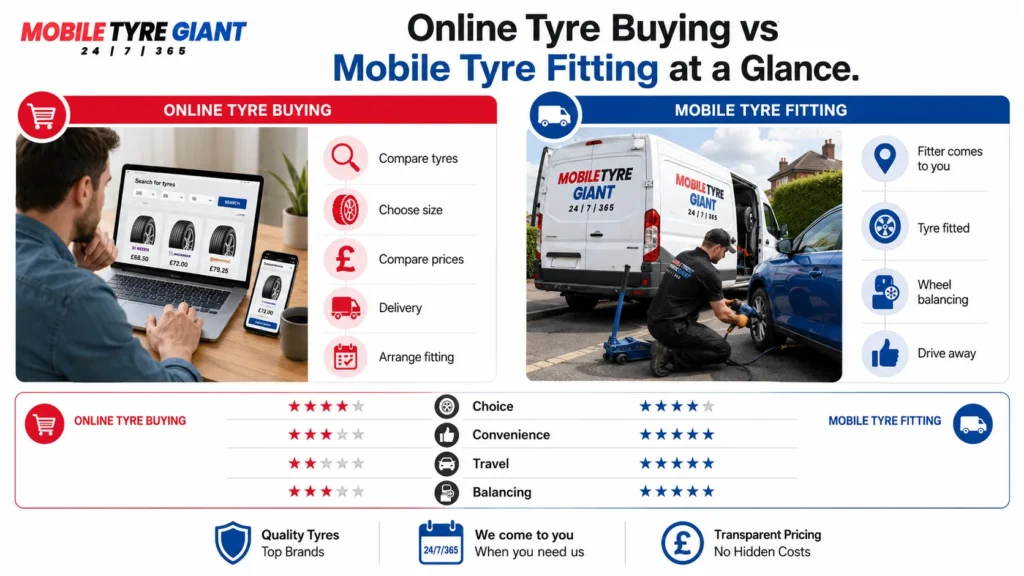 Online tyre buying vs mobile tyre fitting infographic comparing tyre choice, pricing, delivery, fitting, convenience and wheel balancing.