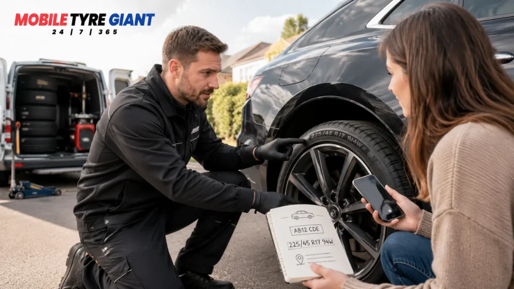 Mobile tyre fitter showing a driver where to find the tyre size and vehicle details needed before booking mobile tyre fitting.