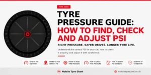 Tyre Pressure Guide showing how to find, check and adjust the correct PSI for your car, with key tyre pressure safety points from Mobile Tyre Giant.