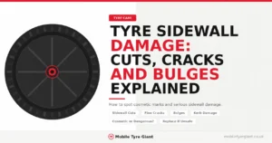 Tyre sidewall damage showing cuts, cracks, bulges, kerb damage and warning signs, with guidance on when a damaged tyre may need replacement.