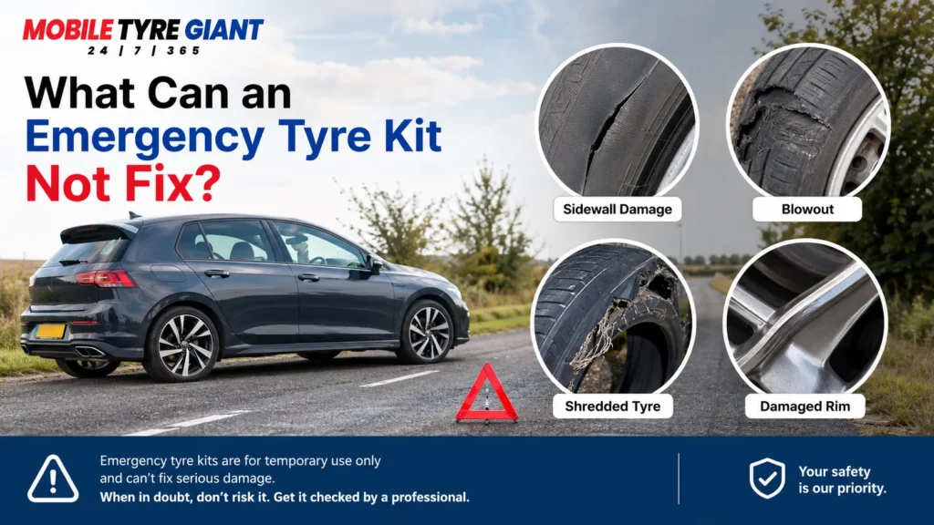 Car with examples of tyre damage an emergency tyre kit cannot fix, including sidewall damage, blowout, shredded tyre and damaged wheel rim.