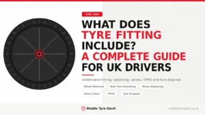 Tyre fitting guide for UK drivers showing wheel removal, new tyre mounting, wheel balancing, valve checks, TPMS and old tyre disposal.