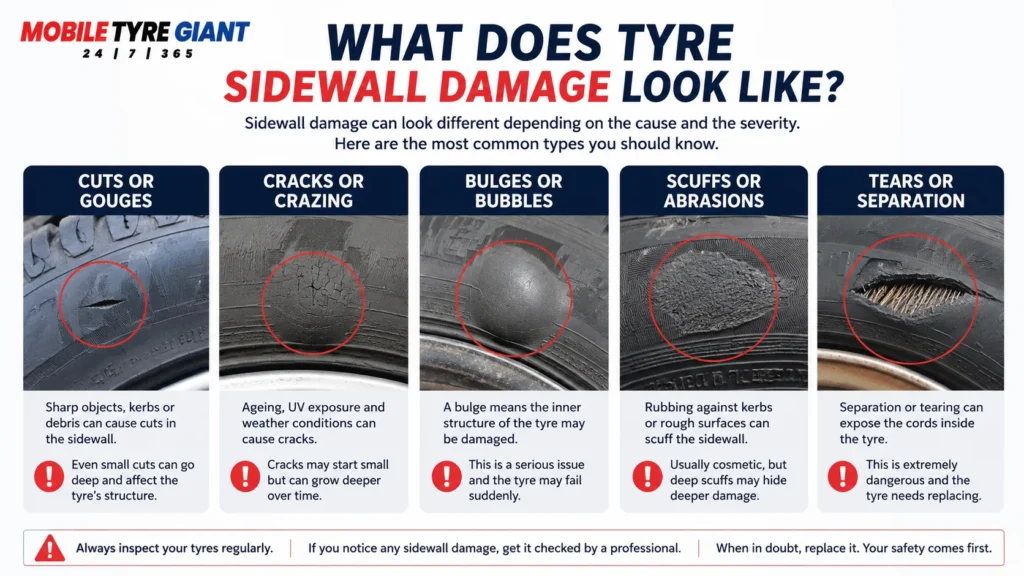 Infographic showing common types of tyre sidewall damage including cuts, cracks, bulges, scuffs and tears on car tyres