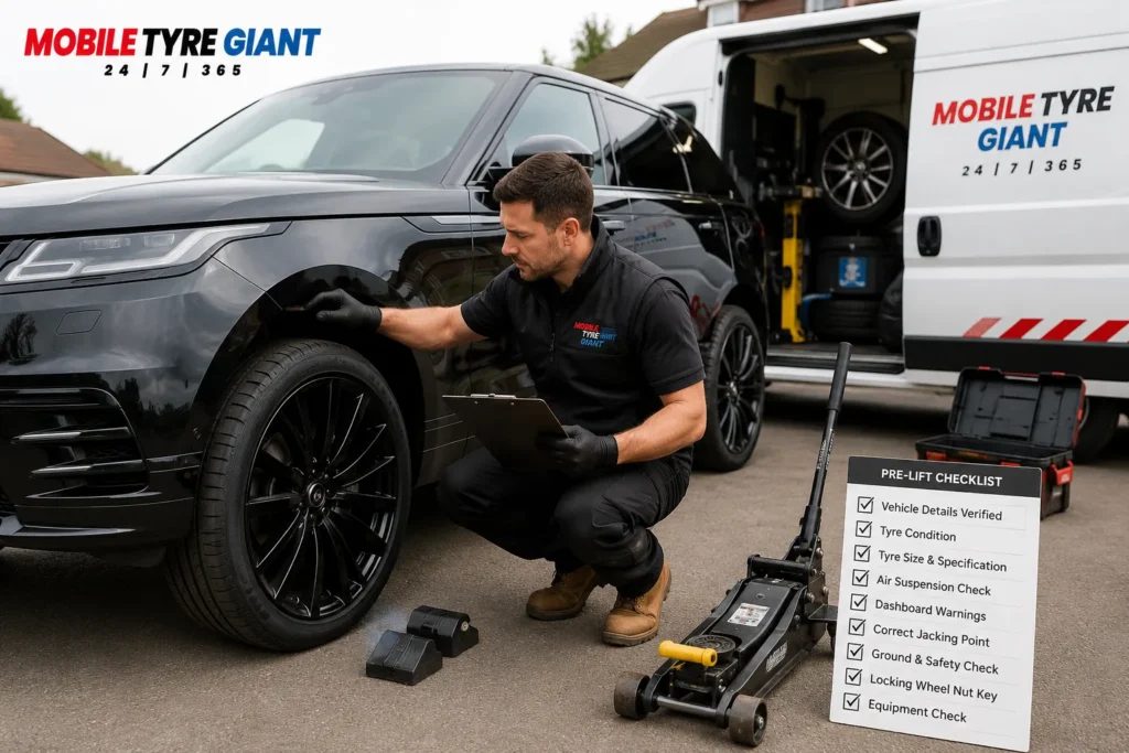 Mobile tyre fitter checking an air-suspension SUV, tyre condition, jacking point and lifting equipment before tyre replacement.