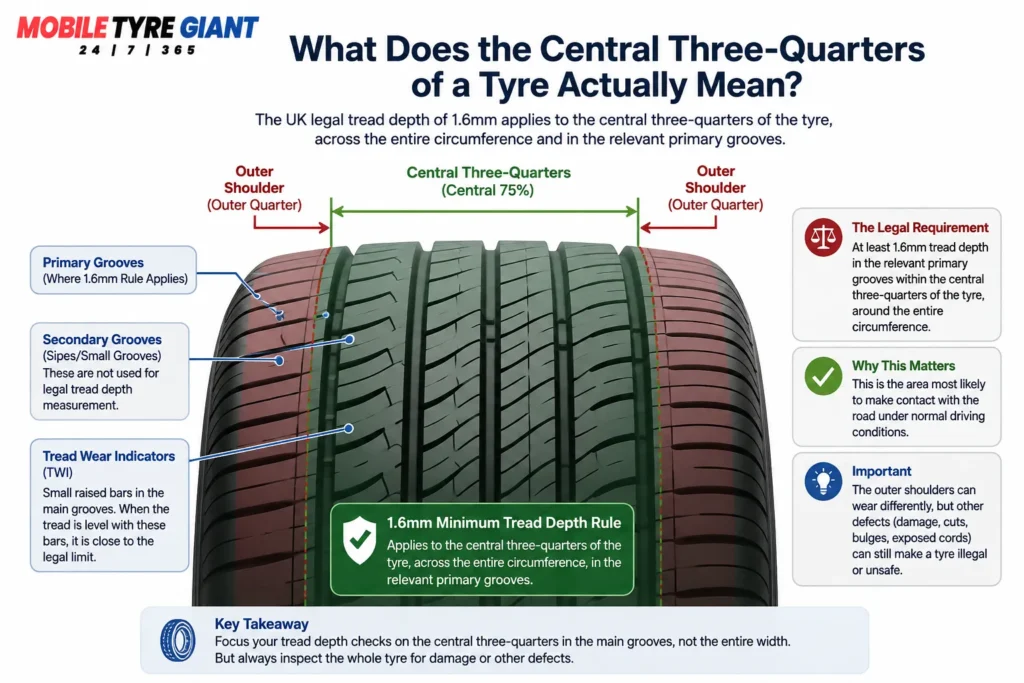 Diagram explaining the UK legal tyre tread depth, showing the central three-quarters of a tyre, primary grooves, outer shoulders, tread wear indicators and the 1.6mm minimum tread rule.