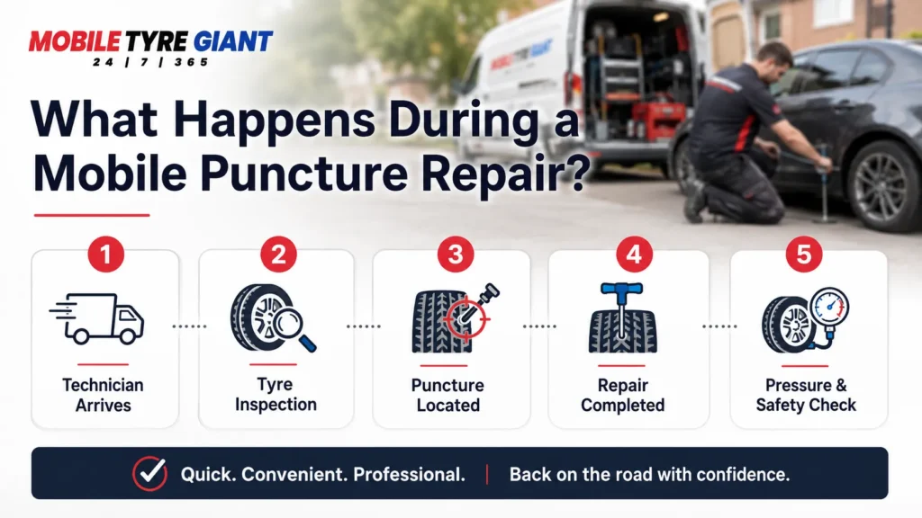 Mobile Tyre Giant infographic showing the steps in a mobile puncture repair, with a blurred background of a technician working beside a car and service van, and five labelled stages: Technician Arrives, Tyre Inspection, Puncture Located, Repair Completed, and Pressure & Safety Check.