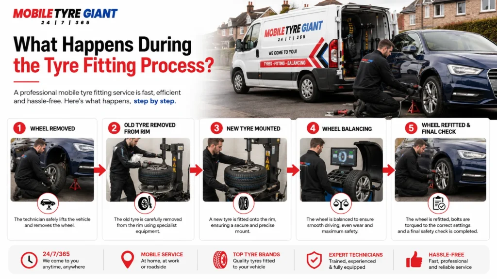 Mobile Tyre Giant technician demonstrating the tyre fitting process, from wheel removal and tyre replacement to wheel balancing and final checks.