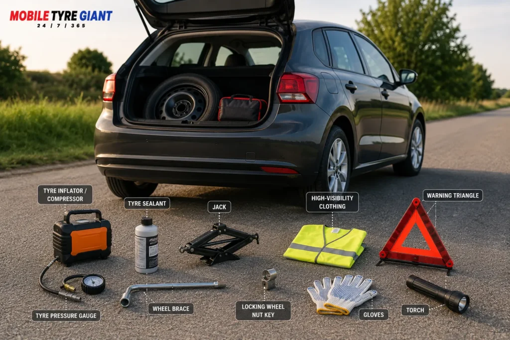 Emergency tyre kit checklist for UK drivers showing a full car, spare wheel, tyre inflator, sealant, pressure gauge, jack, wheel brace, locking wheel nut key, gloves, torch and high-visibility vest.