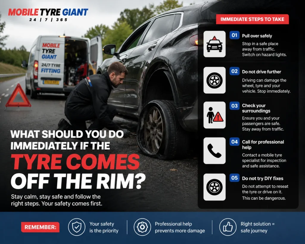 Tyre has come off the rim with mobile tyre technician, hazard warning triangle and immediate roadside safety steps.