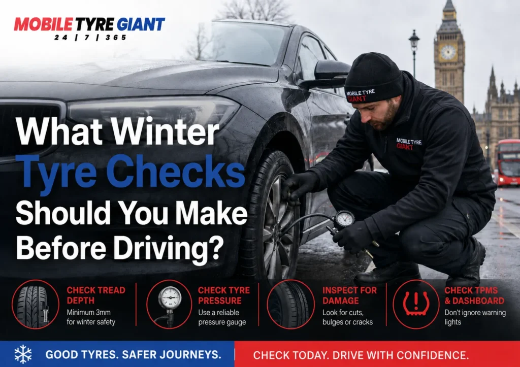 Mobile Tyre Giant technician checking tyre pressure, tread depth and tyre condition on a car during winter driving in London.