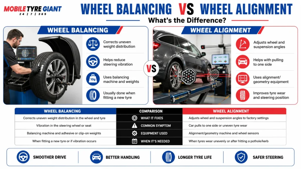 Infographic comparing wheel balancing and wheel alignment, including their purpose, common symptoms, equipment used and when each service may be needed.