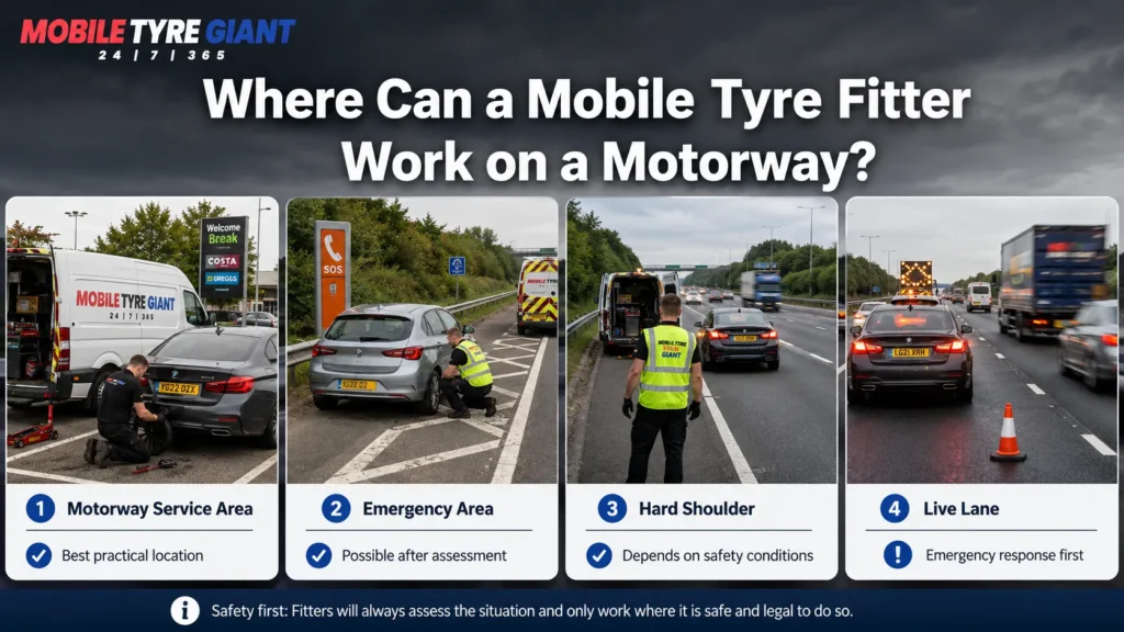 Mobile tyre fitter working in different motorway locations, including a service area, emergency area, hard shoulder and live lane.
