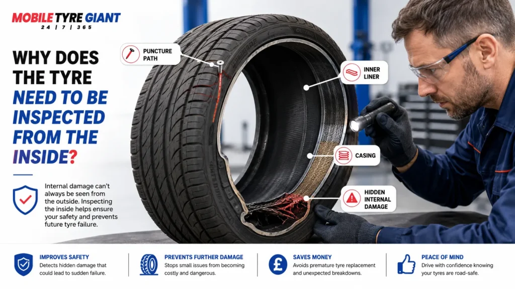 Technician inspecting the inside of a damaged tyre, showing the puncture path, inner liner, casing and hidden internal damage.