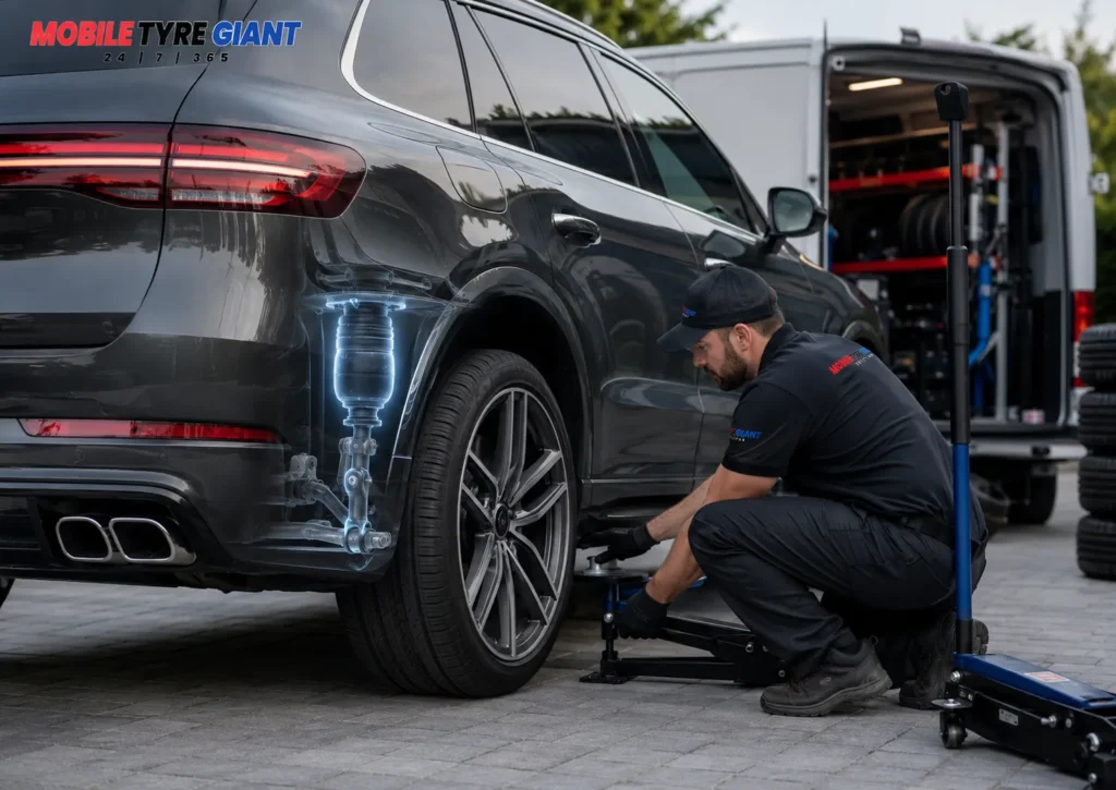 Mobile tyre technician lifting a premium air-suspension SUV while inspecting the suspension and wheel area.