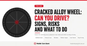 Cracked alloy wheel guide showing warning signs, tyre pressure loss, vibration, pothole impact, inner barrel damage and when to stop driving.