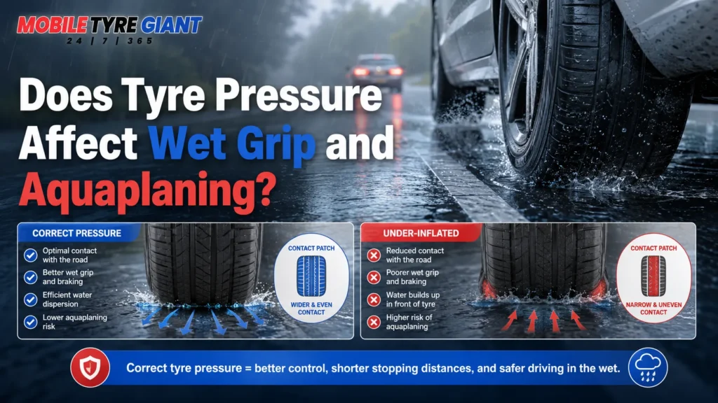 Correct vs under-inflated tyre pressure showing the effect on wet grip, water dispersion and aquaplaning risk on a wet road.