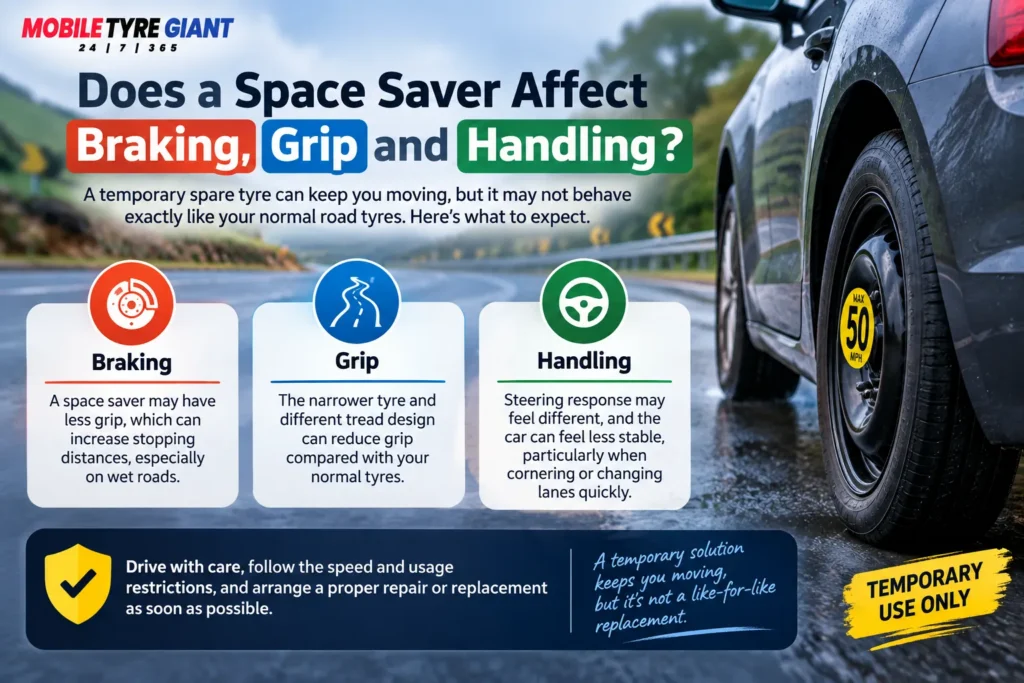 Space saver tyre infographic explaining its effects on braking, grip and handling.