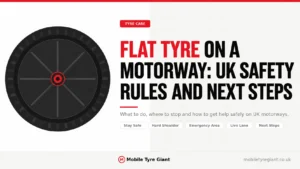 Flat tyre on a motorway safety guide for UK drivers covering hard shoulder, emergency area, live lane, staying safe and the correct next steps.