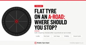 Flat tyre on an A-road safety guide showing where to stop safely, including a lay-by, side road, safe verge, visibility and hazard light considerations.