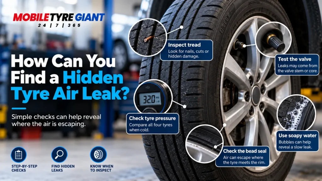 Technician-style tyre leak infographic showing how to find a hidden air leak by checking tyre pressure, tread, valve, bead seal and using soapy water.