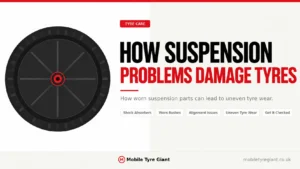 Suspension problems damaging tyres, showing uneven tyre wear caused by worn shocks, bushes, joints, alignment issues and other suspension faults.