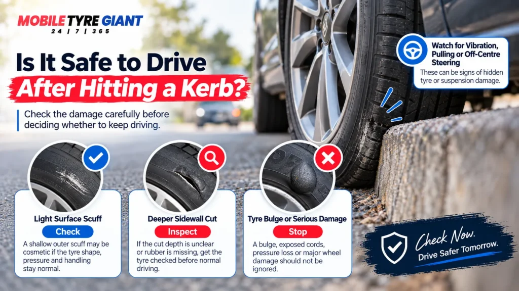 Comparison of light tyre scuff, deeper sidewall cut and tyre bulge after hitting a kerb, showing when to check, inspect or stop driving normally.