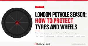 London pothole season tyre care guide showing how UK drivers can protect tyres and wheels with correct tyre pressure, safe slowing, avoiding sudden swerving, and checking for pothole damage.