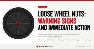 Loose wheel nuts warning signs infographic showing vibration, wheel wobble, clicking, clunking, missing wheel nuts and when to stop safely for inspection.