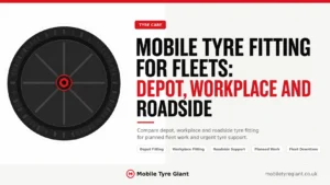 Mobile Tyre Giant infographic comparing mobile tyre fitting for fleets at depot, workplace and roadside locations, showing planned work, urgent roadside support and reducing fleet downtime.