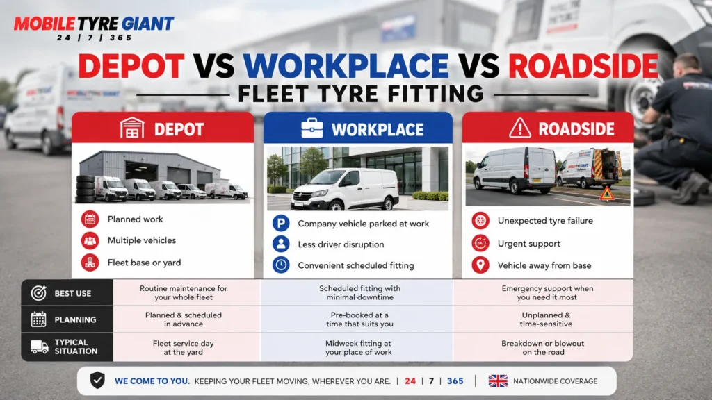 Mobile Tyre Giant infographic comparing depot, workplace and roadside fleet tyre fitting, showing planned multi-vehicle fitting at a depot, convenient workplace fitting and urgent roadside support.